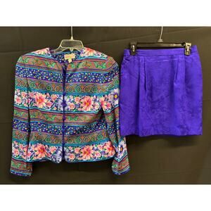 Vtg Adrianna Papell 100% Silk Skirt Suit Size 10 Floral Perfect Condition